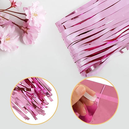 10 Pack Pink Foil Curtain Backdrop 3.2ft x 9.8ft Metallic Tinsel Foil Fringe Curtains Streamer Photo Booth Backdrop for Birthday Party Engagement Bachelorette Party Decorations (Pink)