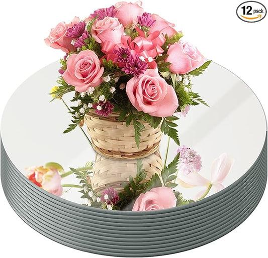 JAMBALAY Round Mirror Centerpieces for Tables, 12Inch Glass Mirror Table Centerpieces, Circle Glass Mirror Trays, Mirror Candle Plates for Wedding Decoration and Party, 12Pcs