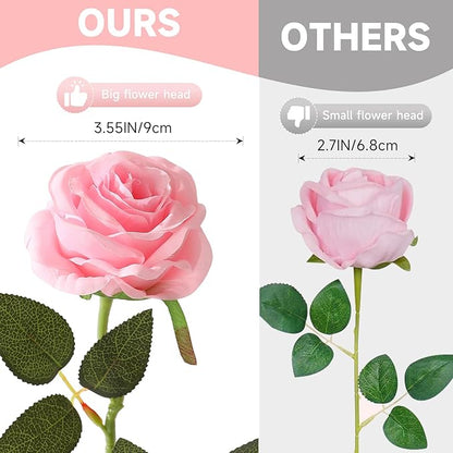 Tifuly Pink Roses Artificial Flowers - 12 pcs Realistic Single Long Stem Fake Silk Roses Bouquet for Party Home Wedding Centerpiece Office DIY Decor