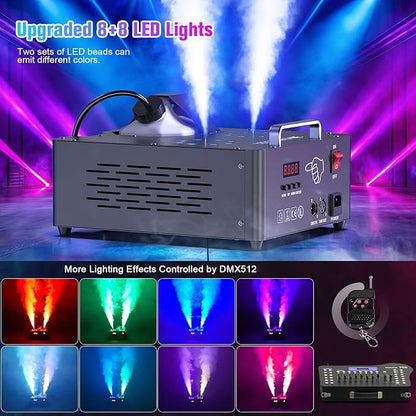 2000W Professional Fog Machine Dual Nozzle with 16 RGB LED, DMX Control Adjustable Smoke Direction, 2.5L Tank LCD Display 30000CFM for Halloween Christmas Stage DJ Party Club Events