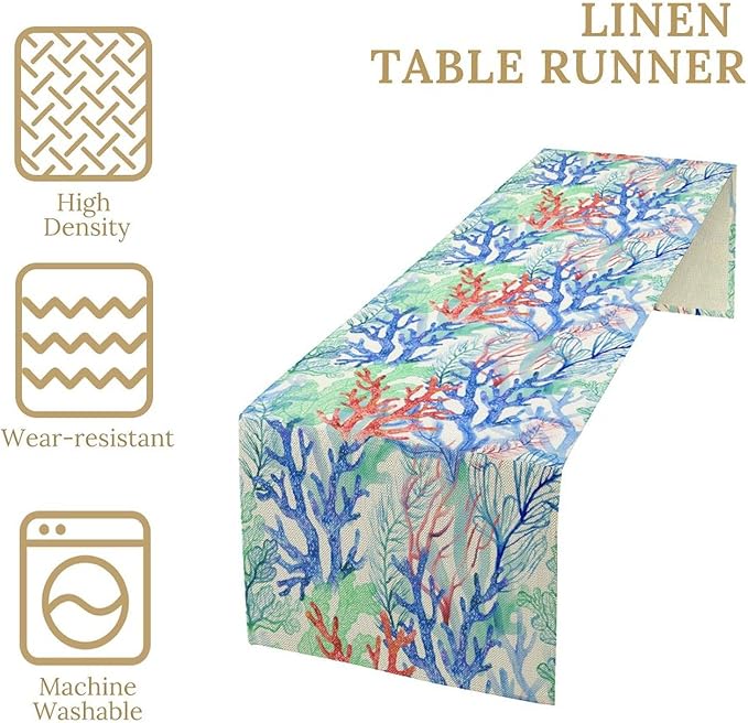 Summer Shell Starfish Table Runner, Seasonal Spring Summer Tropical Ocean Beach Indoor Party Kitchen Outdoor Table Decor 13x120 Inch