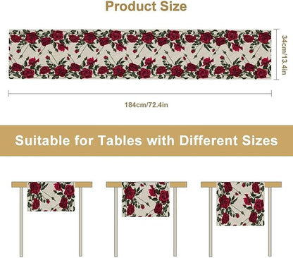 Rose Table Runner, Retro Red Rose Flowers Green Leaves Valentine's Day Kitchen Dinning Table Runner for Indoor Outdoor Home Wedding Party Holiday, 13x36 Inch