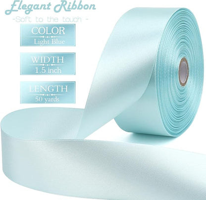 Light Blue Solid Satin Ribbon 1-1/2 Inch 50 Yards Solid Polyester Fabric Ribbon for Gift Wrapping Wedding Christmas Baby Shower Birthday Party Decoration Handmade Immortal Flower Craft