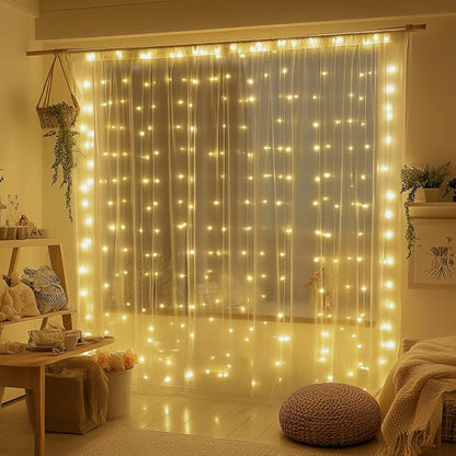 2 Pack Fairy Curtain Lights, 300 LED Upgraded Tangle-Free Hanging Lights with Remote, USB Plug in String Lights for Wall Window Wedding Party Xmas Home Décor - 9.8 x 9.8 Ft, Warm White