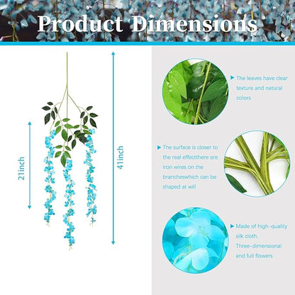 24 Pack Lake Blue Wisteria Hanging Flowers, 3.4 Ft Fake Hanging Flowers, Artificial Wisteria Garland Vines for Wedding Room Backdrop Outdoor Patio Garden Decoration