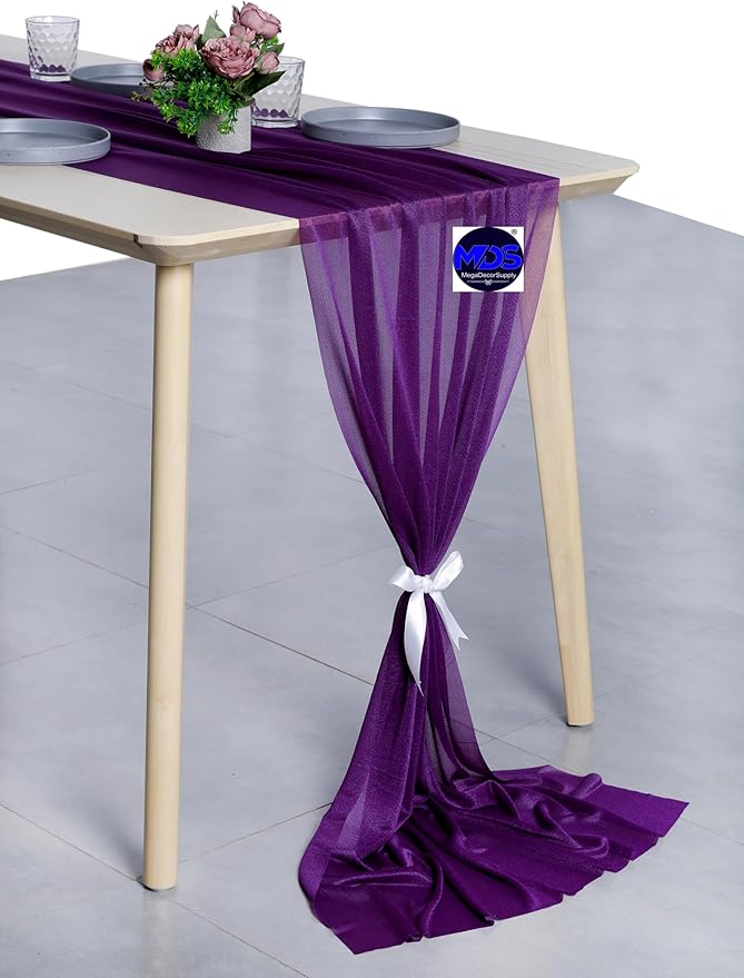 MDS Halloween Chiffon Table Runner - 10 Pack, 29 x 170 Inches, 14ft Each - Sheer Spooky Table Runners for Haunted House Parties, Trick-or-Treat Tables, Witchy Décor, Wedding & Events - Cadbury Purple