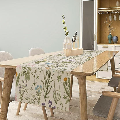 Floral Botanical Table Runner, Garden Spring Flower Botanical Butterfly Animal for Restaurant, Kitchen, Wedding, Party Rectangular Table Runner Decoration,13in（33cm） W * 36in（92cm） L