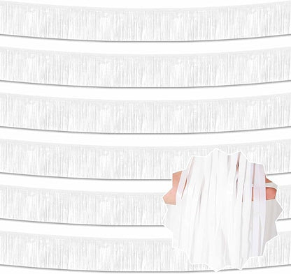 6 Pack 10 Ft Macaron White Foil Fringe Garland Metallic Streamers Tinsel Banner Wall Hanging Garland Backdrop for Parade Floats, Halloween, Christmas, Thanksgiving, New Year Party Decorations