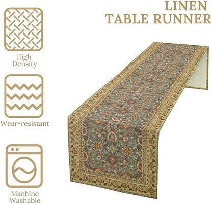 Boho Floral Vintage Beige Blue Table Runner, Retro Flower Rustic Country Farmhouse Abstract Pattern for Home Kitchen Table Decor Dining Coffee Room Party Decor 13x60in