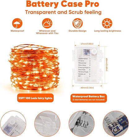 4 Pack 32.8 Ft. Battery Operated Outdoor String Lights with Remote & Timer, LED Orange Fairy Lights, Waterproof Twinkle Lights for Bedroom, Dorm, Mason Jar, Wedding, Party, Christmas