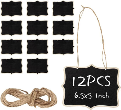 12 Pcs Mini Wooden Chalkboard Signs for Message Board Signs, Mini Chalkboards Hanging Price Tags with String, 6.5x5 Inch Rectangle Chalkboards Message Board Hanging Signs for Party Buffet Food