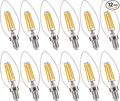 FLSNT 60W Equivalent LED Chandelier Light Bulbs, Dimmable LED B11 E12 Candelabra Base Bulbs, 3000K Warm White, 500LM, 12 Pack