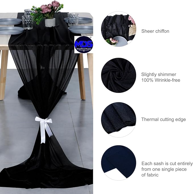 MDS Halloween Chiffon Table Runner - 15 Pack, 29 x 170 Inches, 14ft Each - Sheer Spooky Table Runners for Haunted House Parties, Trick-or-Treat Tables, Witchy Décor, Wedding & Events - Black