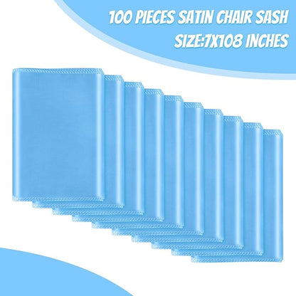 Satin Chair Sashes Bows Universal Chair Ribbon Ties Back Sash for Wedding Party Reception Events Banquets Hotel Event Chair Cover Decoration (7x108 inch) (100, Baby Blue)