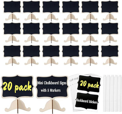 20 Pack Mini Chalkboard Signs Small Reusable Message Boards with Stand for Food Labels Party Buffet, Bakery, Weddings Place Cards Name Tags Table Numbers, with Markers and Blackboard Stickers