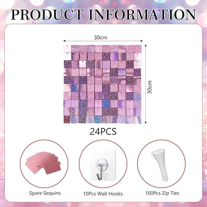 24PCS Light Pink Shimmer Wall Backdrop, Laser Square Sequin Photo Backdrops Panel, Glitter Wall Background for Birthdays, Weddings, Christmas, Engagements, Disco Bachelorette Party Decor (4FTx6FT)