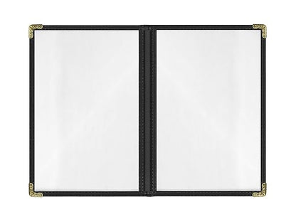 Goodsmart Restaurant Menu Covers – 25 Pack Black 4-View, Side-Loading Menu Holders, Vinyl & Plastic Café Menu Covers, Clear Menu Sleeves, Fits 5.5" x 8.5", Leather-Style Design, Gold Corners