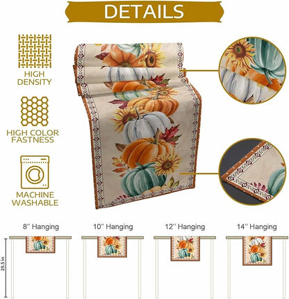 Fall Thanksgiving Southwest Cotton Linen Table Runner for Dining Kitchen, Orange Pumpkins Wedding Outdoor Party Rustic Tablerunners Decoration, Sunflower Dresser Scarf Tablecloth Runners 13x120 Inches