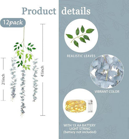 12 Pack Grey Wisteria Hanging Flowers Garland with Lights, 3.44 Feet Artificial Flower Vines, Fake Wisteria, Artificial Vines Hanging Garland for Backdrop Outdoor Patio Garden Decor