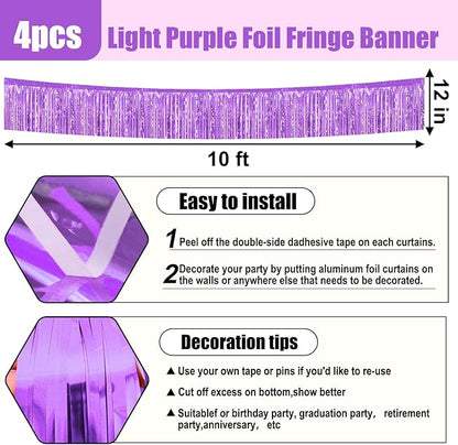 4 Pack 10 Feet Light Purple Foil Fringe Garland Metallic Tinsel Streamers Banner Wall Hanging Curtain Backdrop for Parade Floats, Wedding, Graduate, Mother's Day, Birthday Party Decoration