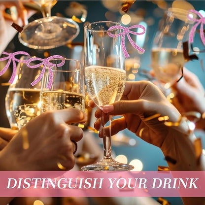 50 Pcs Bows Drink Tags Coquette Bow Wine Glass Charms Acrylic Bowknot Drink Tag for Bachelorette Birthday Wedding Coquette Tasting Party Decor Accessory(Glittery Pink)