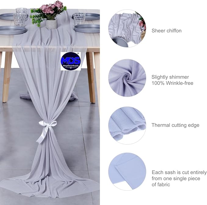 MDS 10 Pack 10ft Chiffon Table Runner 29 x 120 Inches Sheer Wedding Runner Romantic Rustic Table Runner for Wedding Decorations, Birthday Parties, Bridal Shower Party Arch Decor - Cool Gray
