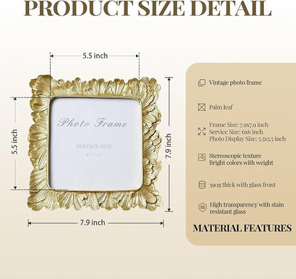 Cuspin 6x6 Gold Picture Frame, Vintage Gold Palm Leaves Textured Hand-Crafted Resin Frames with Glass Front, Retro Square Photo Frame for Wall and Tabletop Display Home Decor