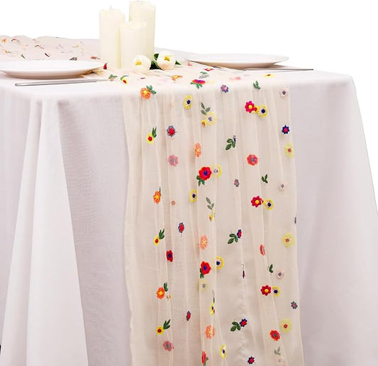 BINBE 1pcs Champagne Daisy Fall Table Runner Embroidery Gauze 10FT Florals Seasonal Tulle Holiday Birthday Kitchen Dining Table Decor for Home Party