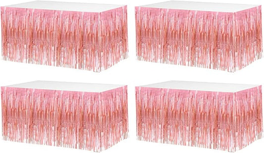 4 Pack 29x108 Inch Metallic Foil Fringe Tinsel Table Skirts for Rectangle Tables Streamer Backdrop for Wedding, Birthday, Parade Floats, Christmas, Halloween Party Decoration(New Rose Gold)