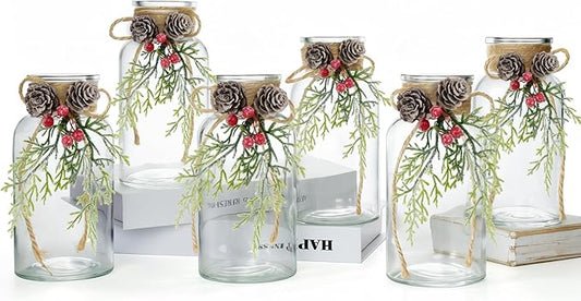 Set of 6 Xmas Decor Vases Christmas Centerpieces for Tables Farmhouse Holiday Table Decor Clear Glass Vases with Twine Ties for Christmas Decorations