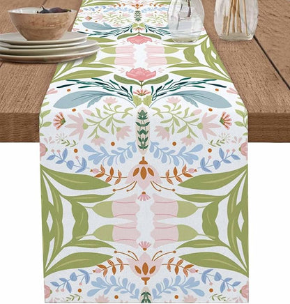 Green Blue Pink Boho Floral Cotton Linen Table Runner for Dining Kitchen, Wedding Outdoor Party Tablerunners Decoration, Retro Bohemian Botanical Dresser Scarf Coffee Tablecloth Runners 13x120 Inches