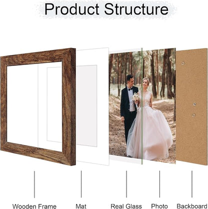 8x8 Picture Frame Set of 4 with HD Glass, Display 6x6 Pictures with Mat or 8 x 8 Without Mat, Rustic Wood Photo Frame for Wall Mount and Tabletop Display