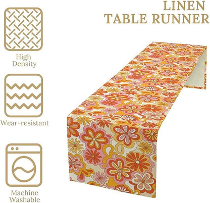 Vintage Floral Table Runner,70s Style Retro Daisies Flower Hippie Table Runner for Kitchen Dining Table Home Party Decoration 13x60 Inch