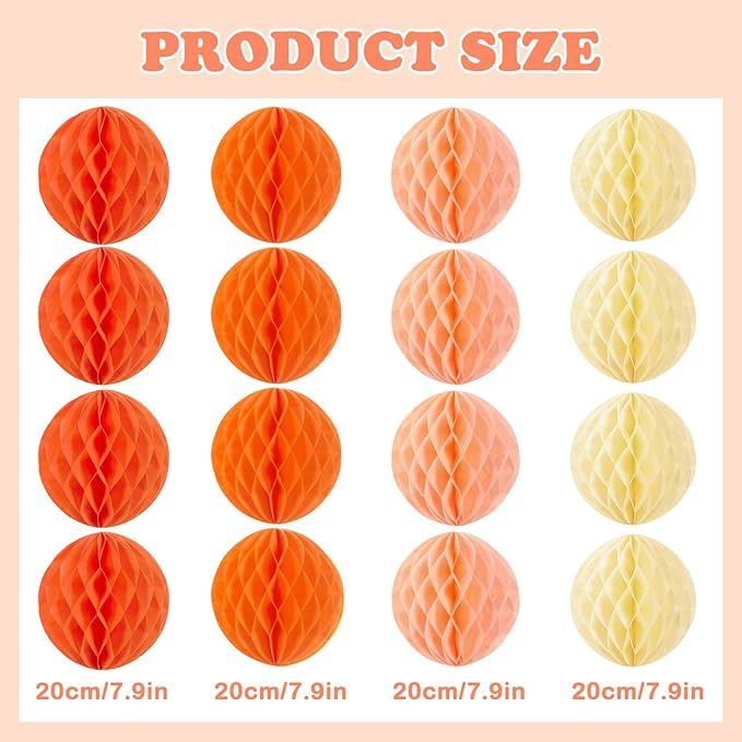 Pink and Orange Honeycomb Hanging Paper Balls, Fall Party Decoration, Groovy Birthday Party Decor for Graduation Autumn Halloween Wedding Baby Shower Birthday, Set of 16
