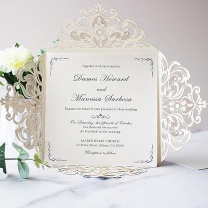Hosmsua 50PCS Personalized Silver Glitter Laser Cut Wedding Invitation Cards With Envelopes 6.3 x 6.3 Inch Hollow Lace Rose Pocket and for Quinceanera Wedding Invite (Silver Glitter)