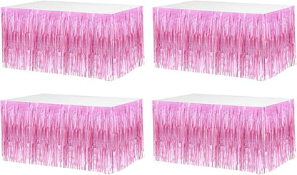 4 Pack 29x108 Inch Valentine's Day Metallic Foil Fringe Tinsel Table Skirts for Rectangle Tables Streamer Curtains Backdrop for Wedding, Birthday, Parade Floats Mardi Gras Party Decorations(Pink)