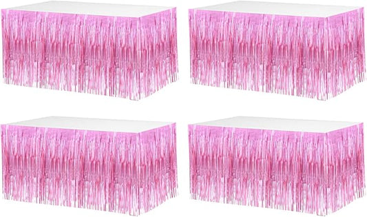 4 Pack 29x108 Inch Valentine's Day Metallic Foil Fringe Tinsel Table Skirts for Rectangle Tables Streamer Curtains Backdrop for Wedding, Birthday, Parade Floats Mardi Gras Party Decorations(Pink)