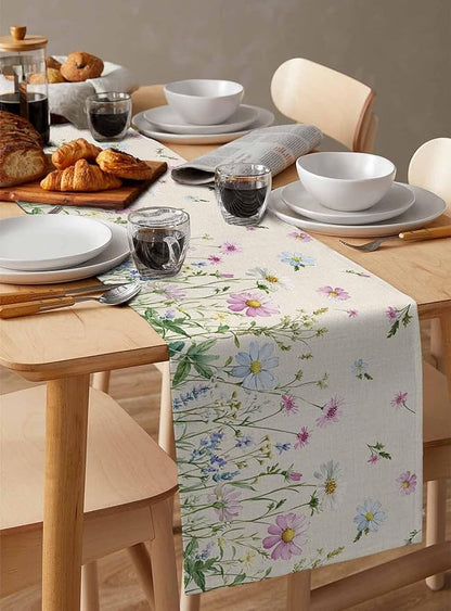 Vintage Wildflowers Cotton Linen Table Runner for Dining Kitchen, Wedding Outdoor Party Tablerunners Decoration, Farm Floral Pink Botanical Plants Dresser Scarf Coffee Tablecloth Runners 13x90 Inches