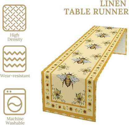 Honey Bee Table Runner, Farmhouse Yellow Sunflower Retro Summer Linen Tables Runners for Kitchen Dining Table Home Party Decor, 13x60inch