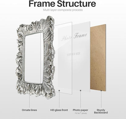 Silver 5x7 Picture Frame, Vintage Silver Palm Leaves Textured Hand-Crafted Resin with Glass Front Elegant Retro Vintage Rustic Design Photo Frame for Wall and Tabletop Display Home Decor