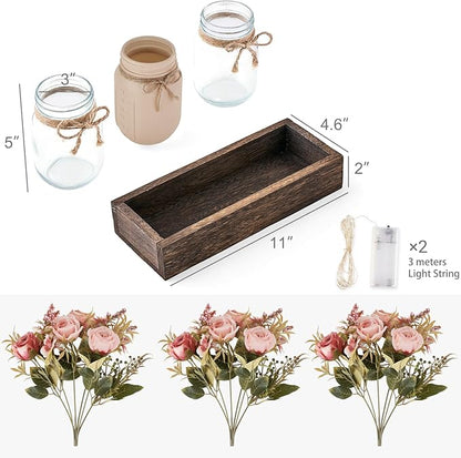 Mkono Mason Jar Lights Centerpiece Table Decorations For Dining Room Farmhouse Table Decor Tray With 3 Jars Flowers Arrangement Summer Decor For Kitchen Living Room Wedding, Pink