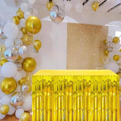 Gold Streamers Party Decorations, 2 Packs Gold Table Skirts Metallic Foil Fringe Tinsel for Birthday Float Parade Mardi Gras Graduation Party Supplies -29x108Inch