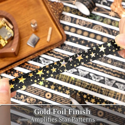 36 Rolls Glow-in-The-Dark Starry Washi Tape Set with Gold Foil Celestial Patterns - Writeable Decorative Tapes for Scrapbooking, Bible Journaling, Bullet Journals 0.6" x 79" per Roll