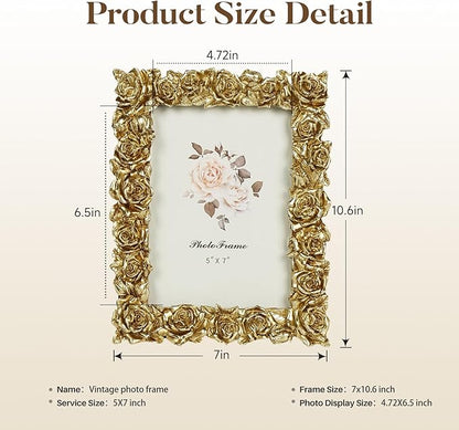 Cuspin Vintage Gold 5x7 Picture Frame, Gold Ornate Rose Flower Resin Photo Frame with Glass Front for Tabletop, Antique Picture Frames Photo Gallery for Home Office Decor