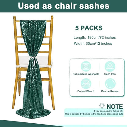 Sequin Table Runners 5 Pieces Emerald Green Table Runners 12x72 Inch Glitter Dining Table Cover for Party Wedding Birthday Reception Banquet Decoration Spring Party Chair Sashes
