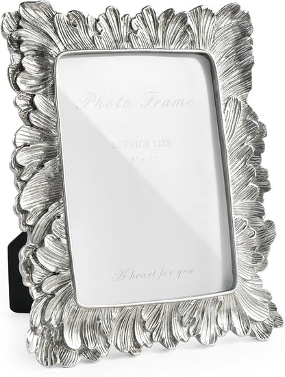 Silver 5x7 Picture Frame, Vintage Silver Palm Leaves Textured Hand-Crafted Resin with Glass Front Elegant Retro Vintage Rustic Design Photo Frame for Wall and Tabletop Display Home Decor