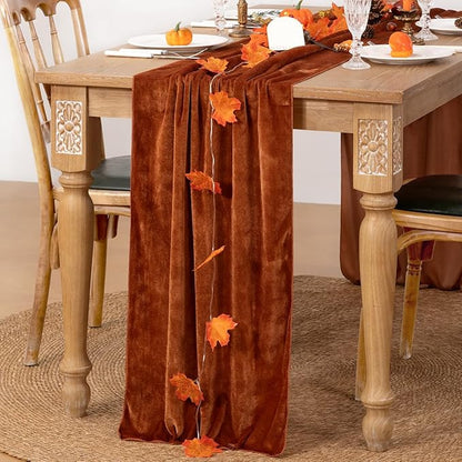 MLMC 2 Pack Terracotta Fall Thanksgiving Table Runner 10ft Luxury Burnt Orange Velvet Table Runner Fall Table Centerpiece 20x120 Inches for Wedding Bridal Shower Birthday Party Home Decor