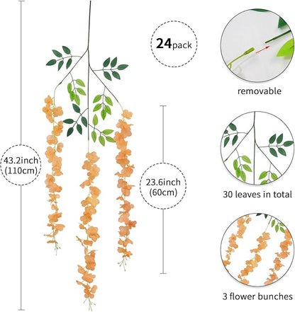 24 Pack Wisteria Hanging Artificial Fall Flowers Fake Flowers Ratta Hanging Garland Silk Flowers String for Home Garden Party Wedding Backdrop Arch Decor (Orange)