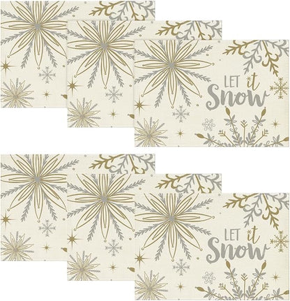 Artoid Mode Beige Snowflake Let It Snow Winter Placemats Set of 6, 12x18 Inch Seasonal Christmas Table Mats for Party Kitchen Dining Decoration