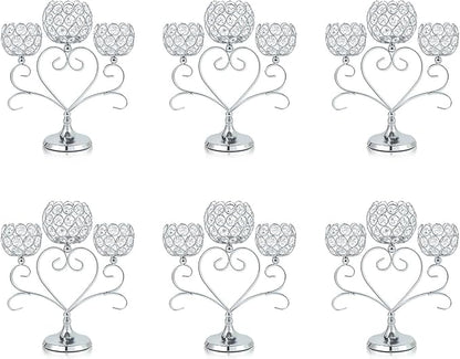 6 Pcs Silver 3-Arm Heart Tea Light Candle Holder - Crystal & Metal Wedding Centerpiece Decor, Sparkling Table Decor for Anniversaries/Romantic Tabletop Home/Dinner Party/Events